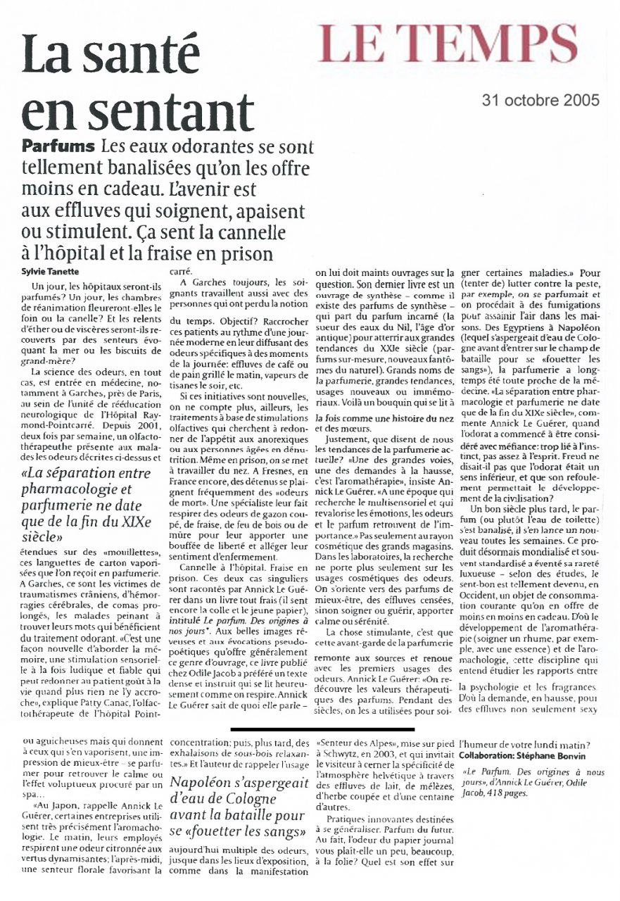 Le Temps.ch, 31 octobre 2005 : « La santé en sentant » par Sylvie ...